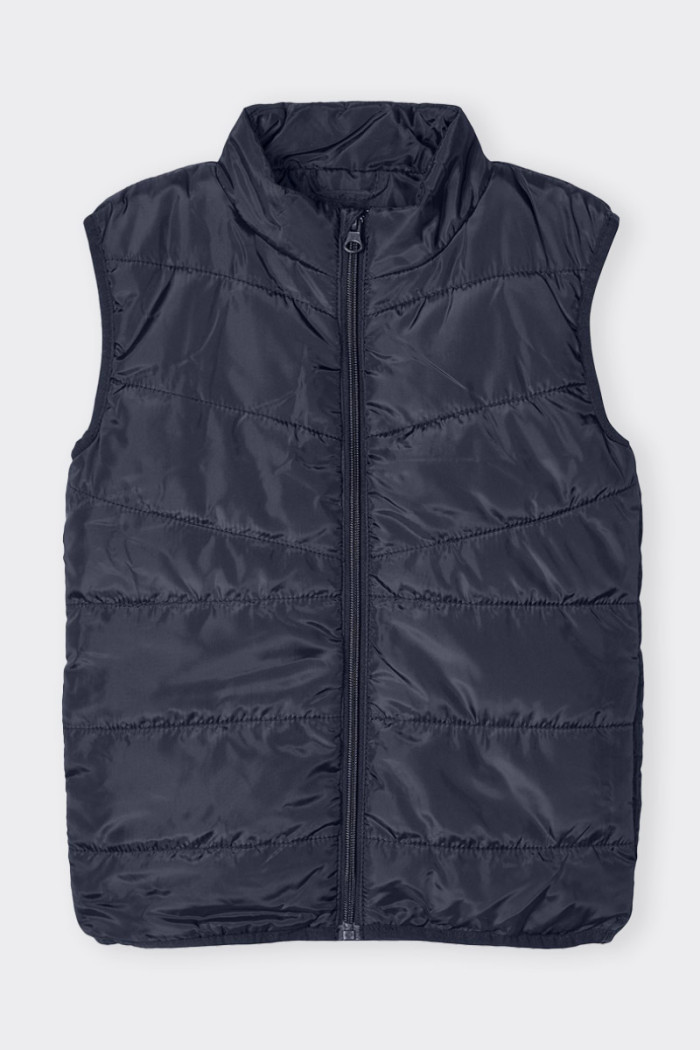 Unisex blue 100 gram sleeveless down jacket for boys and girls. Zipper closure and high mandarin collar. Ideal for coping with m