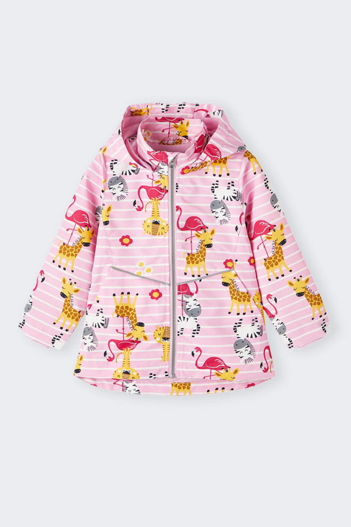Pink lightweight jacket for girls with detachable hood. Central zipper closure and side pockets. Repeated print all over the gar