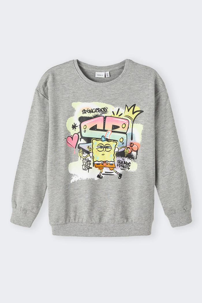 Gray half-weight cotton sweatshirt for child with the iconic spongebob printed on the front. Ideal for school or leisure wear. R