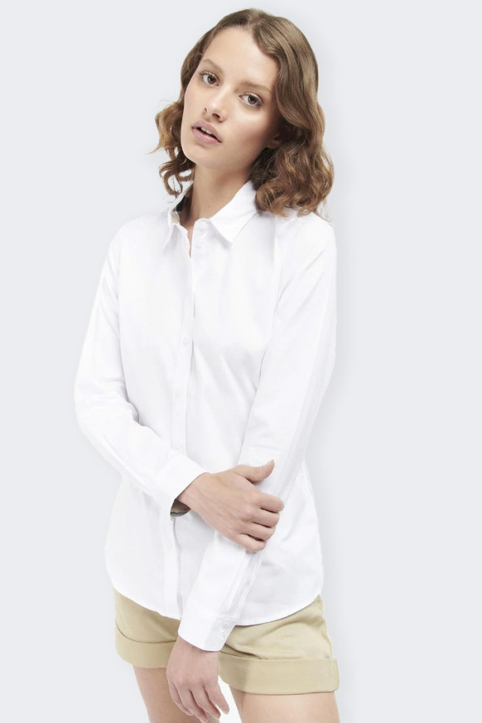 100% cotton women's white shirt essential for any classic casual look, Made of soft white cotton oxford fabric, it is paired wit