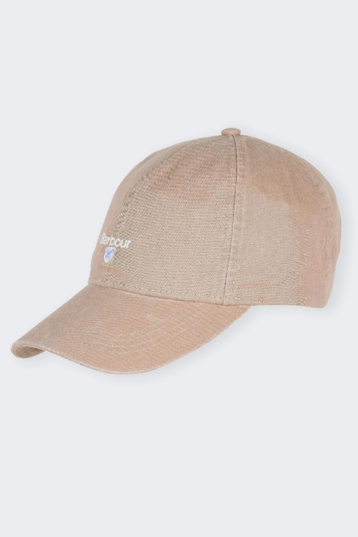Men's beige beret constructed and lined in pure cotton and simply detailed with an embroidered Barbour logo and shield on the ou