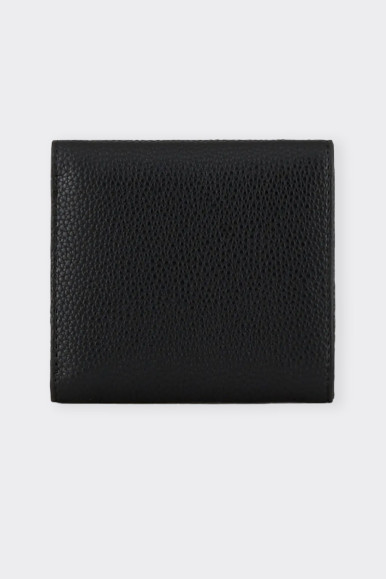 Women's black mini wallet with snap buttons and inside pockets.