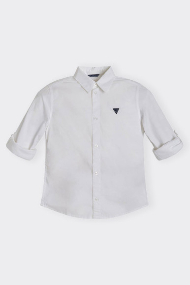 White boy's and boy's shirt with adjustable sleeves and classic collar. Central button closure and contrasting front logo on hea