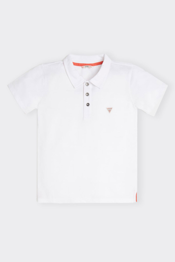 White 100% cotton boy's and boy's short-sleeved polo shirt with front button placket and polo collar. Pique weave fabric. Regula