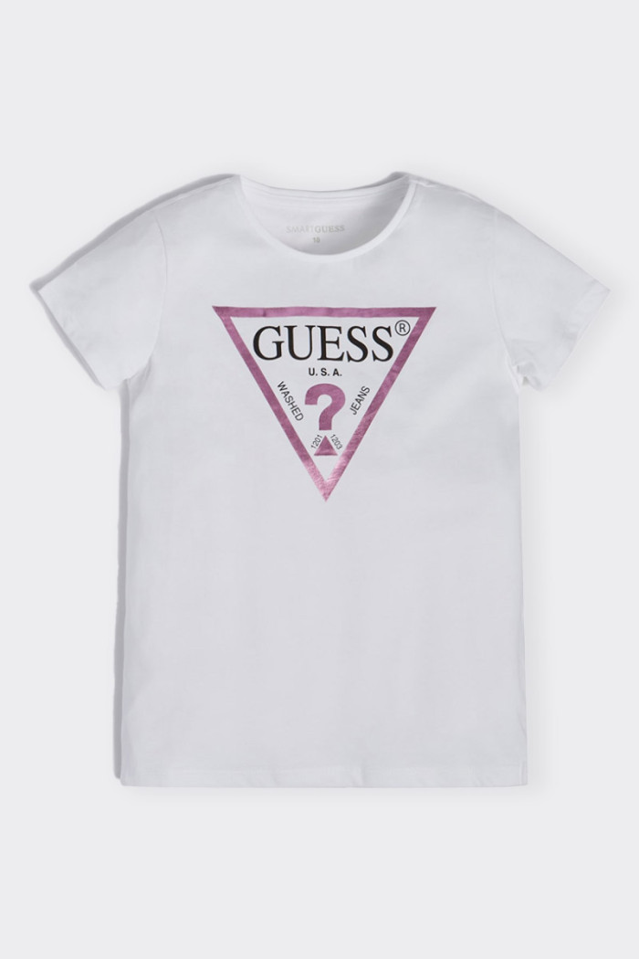 White 100% cotton girl's short-sleeved T-shirt with contrasting metal-effect front logo. Regular fit.