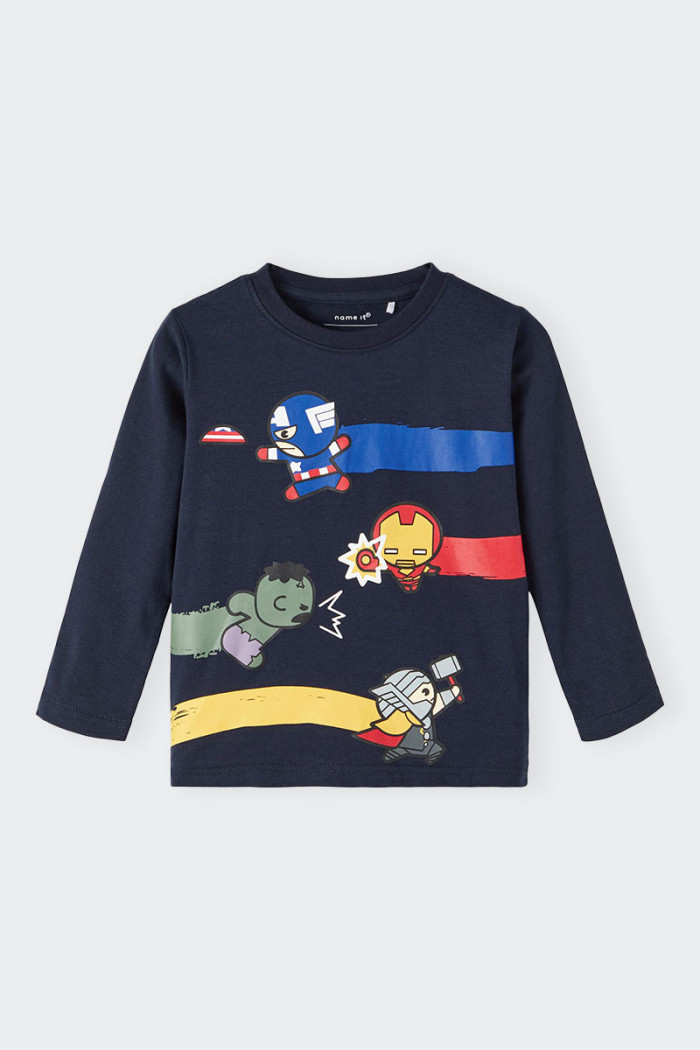 Blue long-sleeved T-shirt for child with rubberized effect print on the front of Marvel characters the Avengers. Your little one