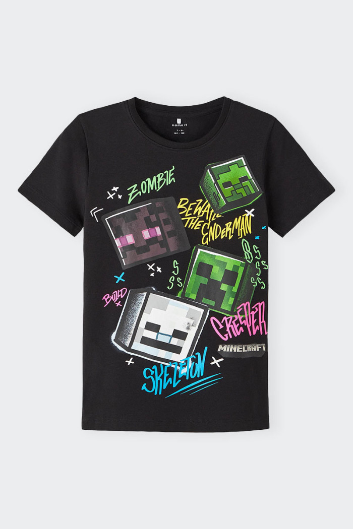Black short-sleeved T-shirt for boy and girl with print on the front of the famous game Minecraft. Ideal for any occasion or for