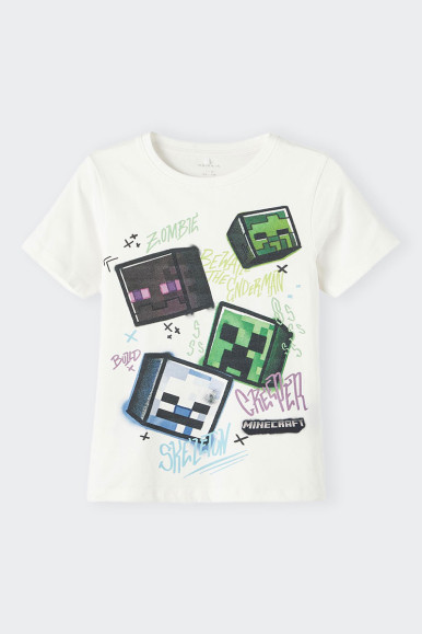 white short-sleeved T-shirt for boy and girl with print on the front of the famous game Minecraft. Ideal for any occasion or for