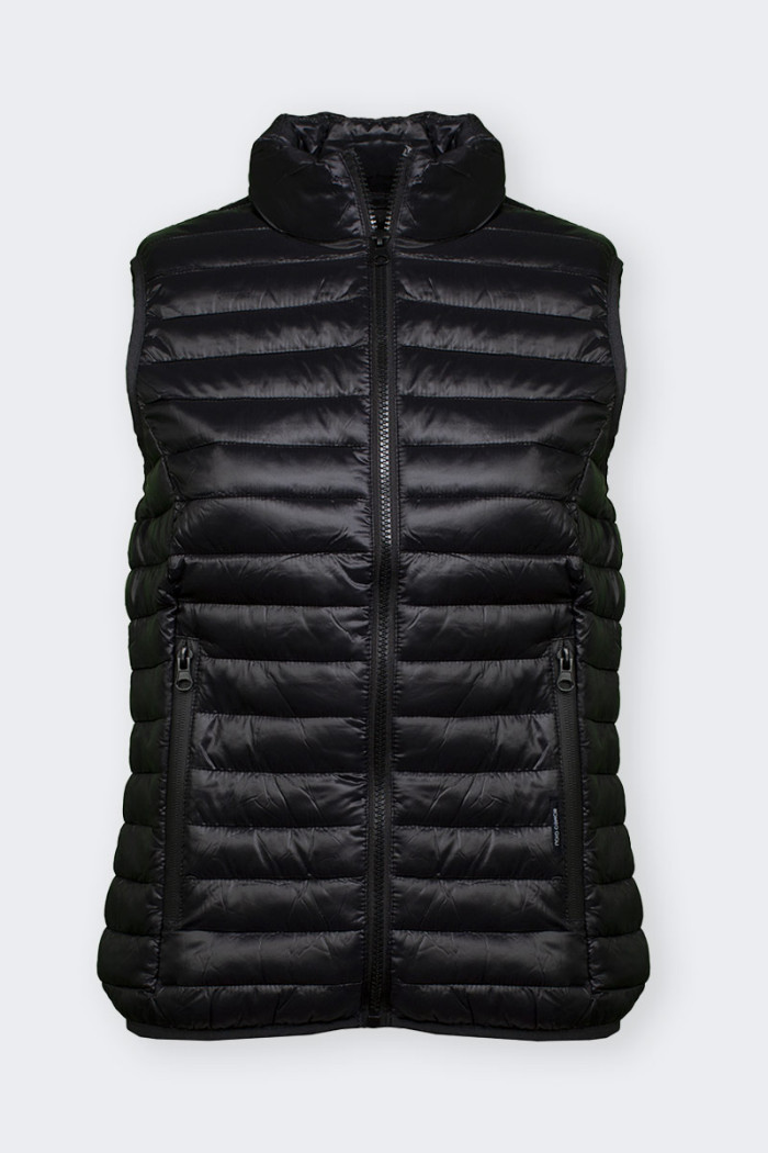Black Women’s sleeveless down jacket windproof and rain proof. Features comfortable front pockets with zip closure and inside po