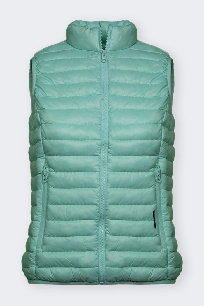 green Women’s sleeveless down jacket windproof and rain proof. Features comfortable front pockets with zip closure and inside po