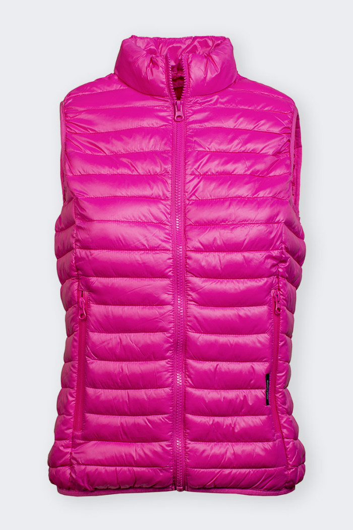 fuchsia Women’s sleeveless down jacket windproof and rain proof. Features comfortable front pockets with zip closure and inside 
