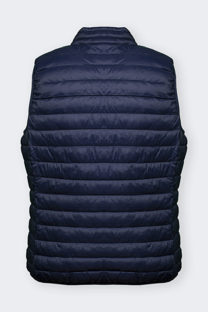 blue Sleeveless down jacket for men windproof and rain. Features comfortable front pockets with zip closure and internal pockets