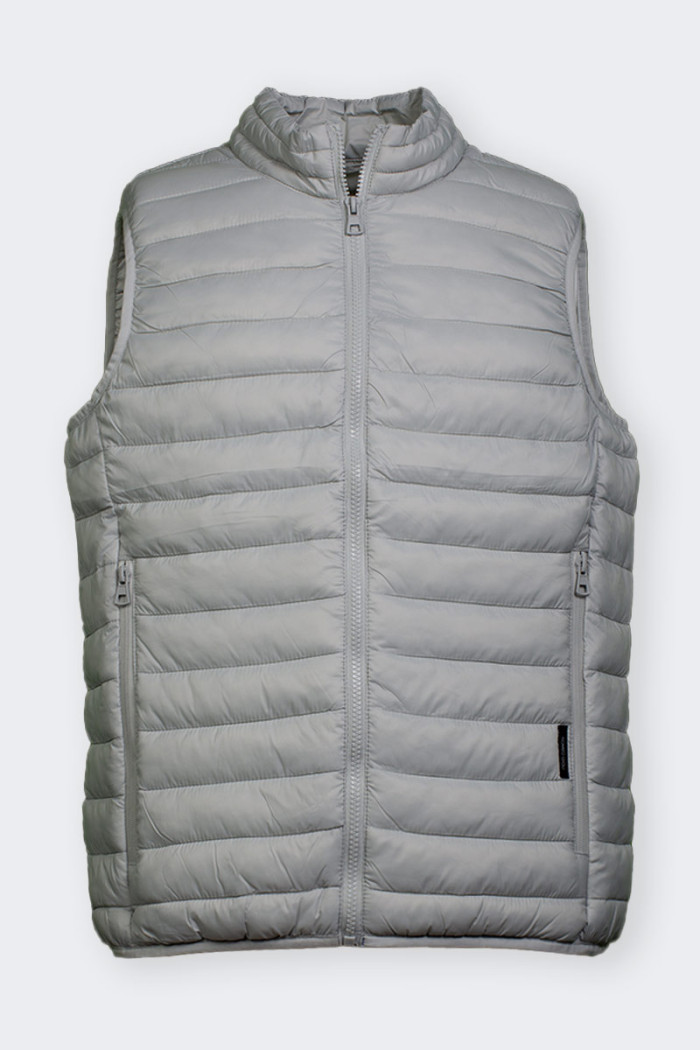 ice color Sleeveless down jacket for men windproof and rain. Features comfortable front pockets with zip closure and internal po