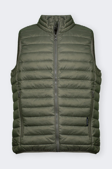 green Sleeveless down jacket for men windproof and rain. Features comfortable front pockets with zip closure and internal pocket