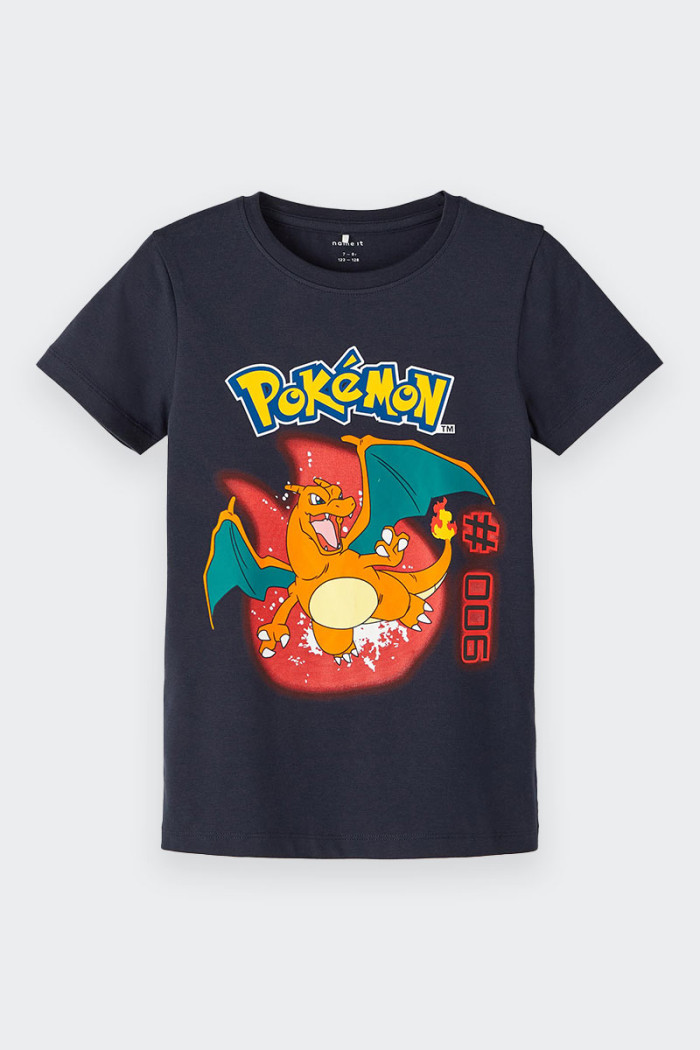 Blue cotton short-sleeved T-shirt for child with rubberized print for soft touch effect dedicated to Pokemon. Ideal for any occa