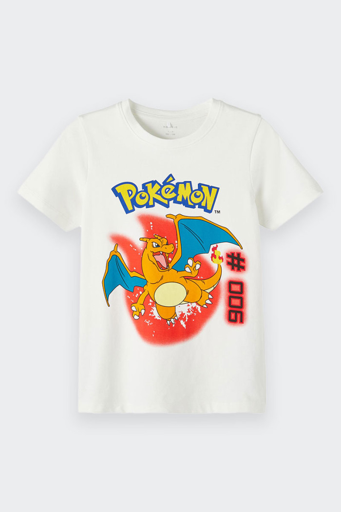 white cotton short-sleeved T-shirt for child with rubberized print for soft touch effect dedicated to Pokemon. Ideal for any occ