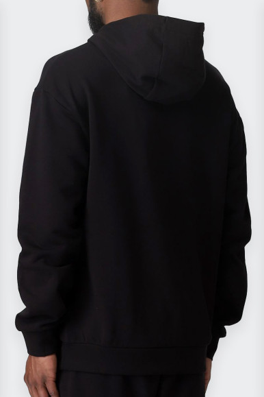 Men's black 100% cotton hoodie with comfortable convestibility. Features drawstring hood, long sleeves and ribbed trim. Finished
