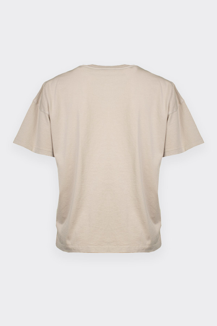 T-shirt beige da donna realizzata in 100% cotone. Caratterizzata dalla scritta logo ricamata sul fronte. Stile casual, perfetta 