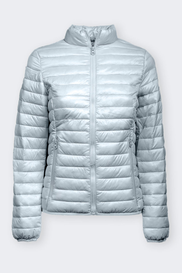 Ice color 100 gram windproof and rainproof women's down jacket. Features practical front zippered and inside pockets for your mo