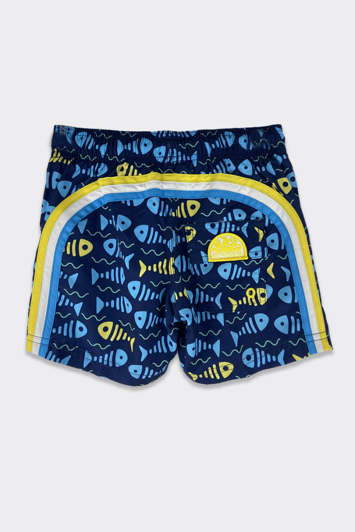 Children's Swimsuit with Inner Mesh Slip and Side Pockets. Back patch pocket with Velcro-closed flap Logo patch and patterned pr