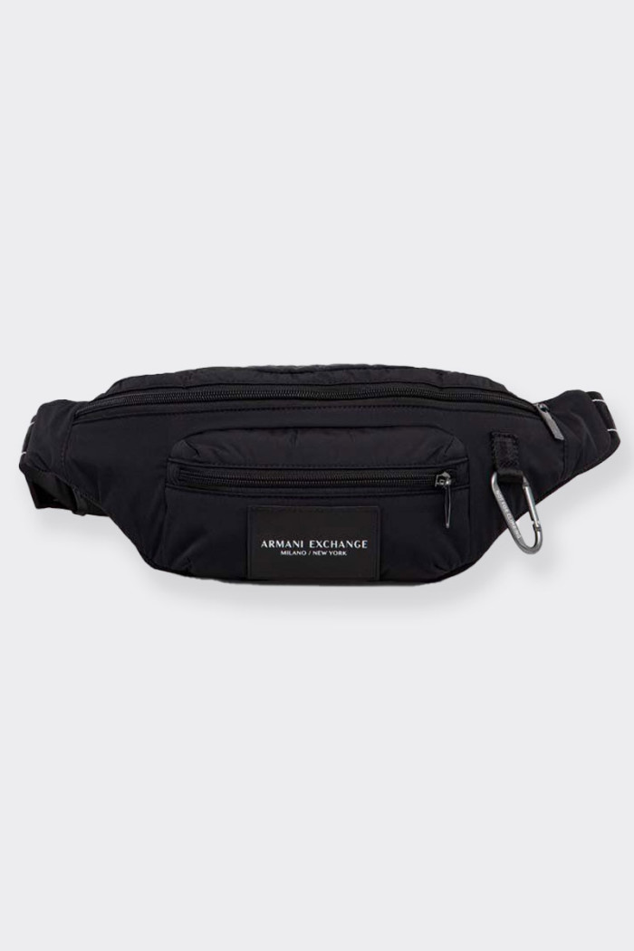 men’s black pouch with central zipper closure. adjustable belt and front zipper pocket. inner compartment with internal full zip