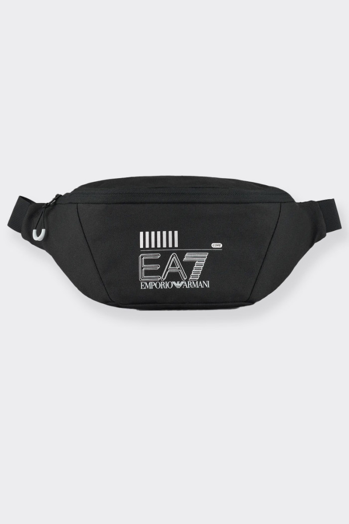 Black unisex recycled fabric fanny pack with an essential design and a strong sporty connotation. A versatile model, perfect for