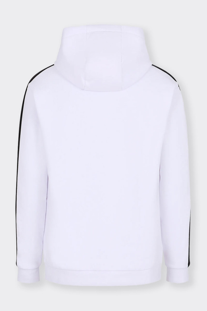 White men's hooded zip-up sweatshirt made of cotton blend with a regular fit and urban attitude. The model is characterized by c