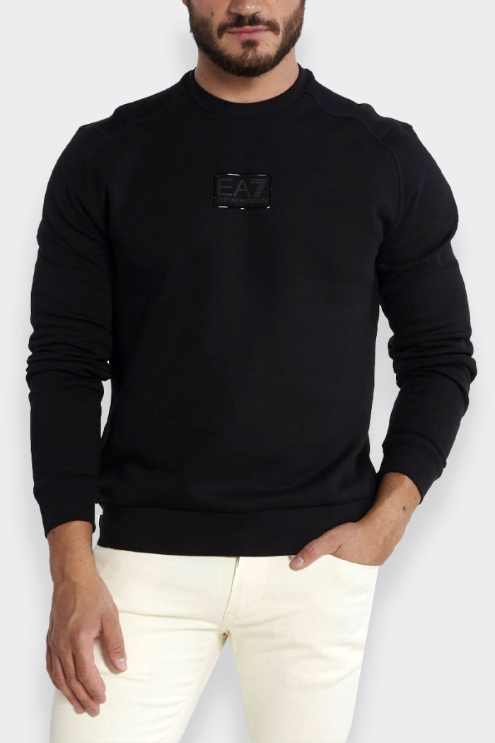 Men's crew-neck sweatshirt in cotton blend. Ribbed elasticated hem and cuffs and embossed brand logo on front tone on tone. idea