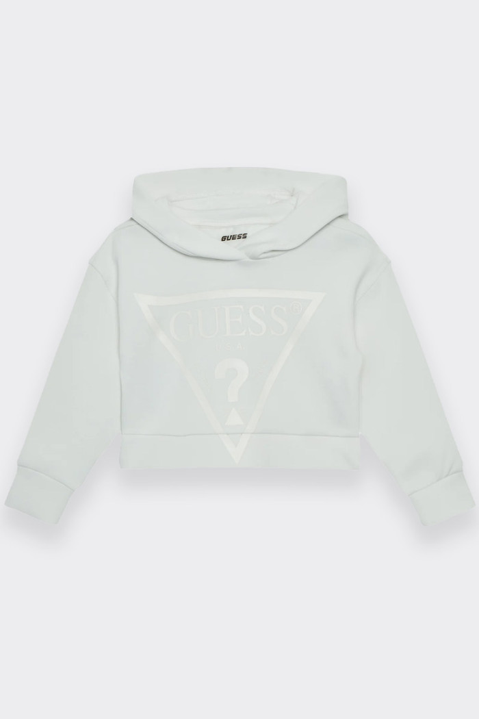 Girl's hooded sweatshirt made of cotton blend. Elasticated ribbed cuffs and hem and brand logo print on the front. Ideal for eve