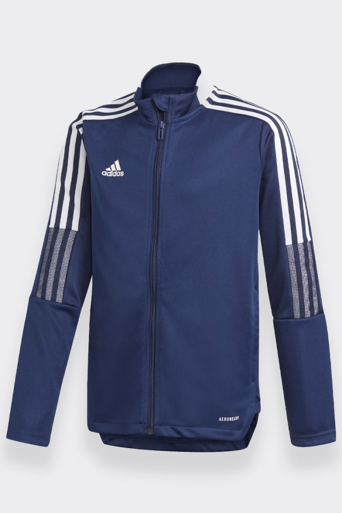 giacca sportiva Adidas unisex da bambino e ragazzo con chiusura centrale full zip e colletto semi alto. Tecnologia Aeroready per