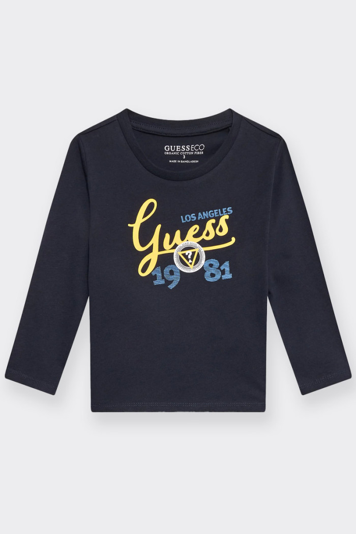 t-shirt Guess a manica lunga unisex per bambino e bambina realizzata in 100% cotone. Girocollo e logo brand s stampa sul fronte.