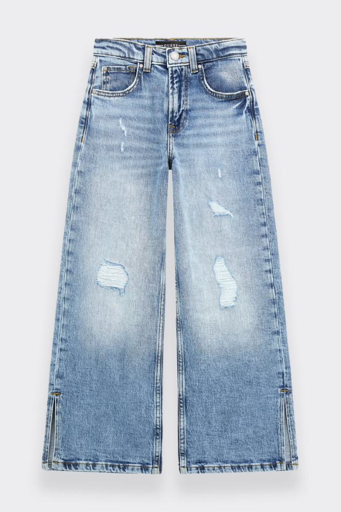 jeans Guess cinque tasche da bambina e ragazza realizzato in misto cotone. Stile 90's , vita alta e wide leg. Chiusura frontale 